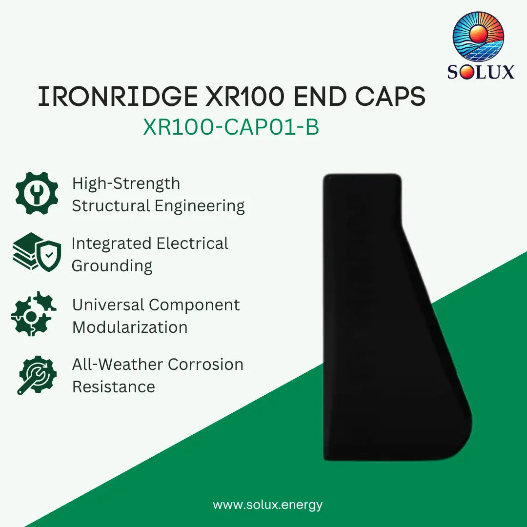 Black IronRidge XR100 end cap with integrated electrical grounding, shown on a white and green graphic background with product specifications and the Solux logo.